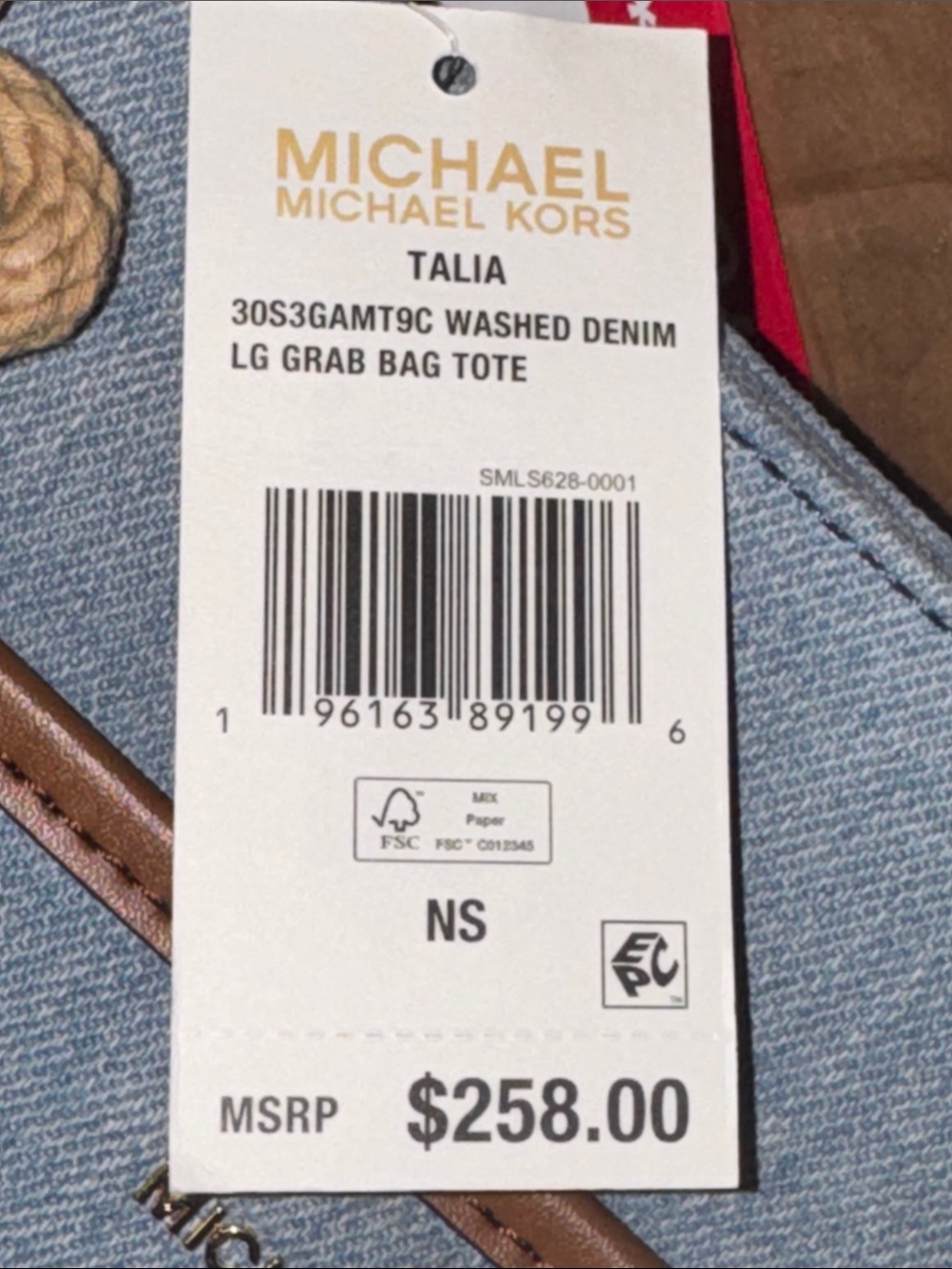 NWT $258 Michael Kors Talia Lrg Grab Bag Canvas Tote/Purse Washed Denim LAST ONE - Picture 8 of 8